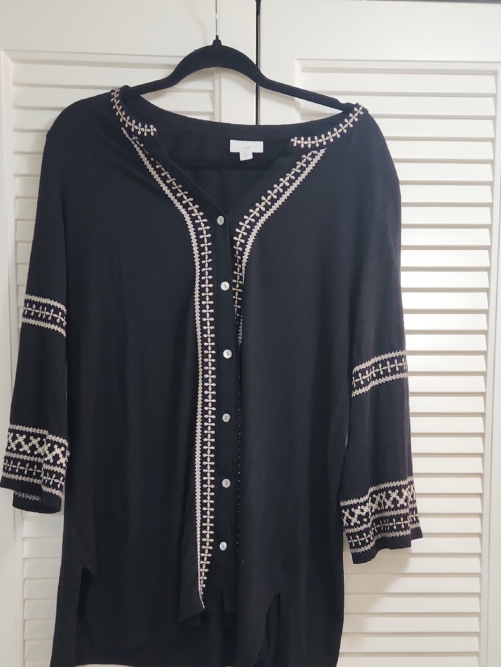 J. Jill Black Button-Front Top with Cream Embroidery